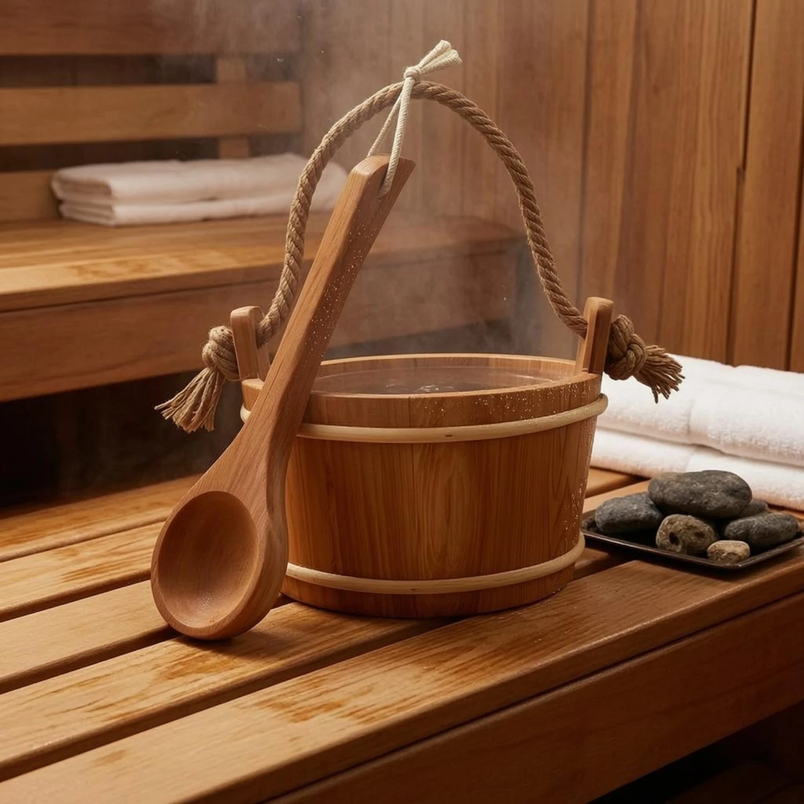 Sauna Pail and Ladle Set Open Top Wooden Pail and Ladle Kit Rustic Design Easy to Clean