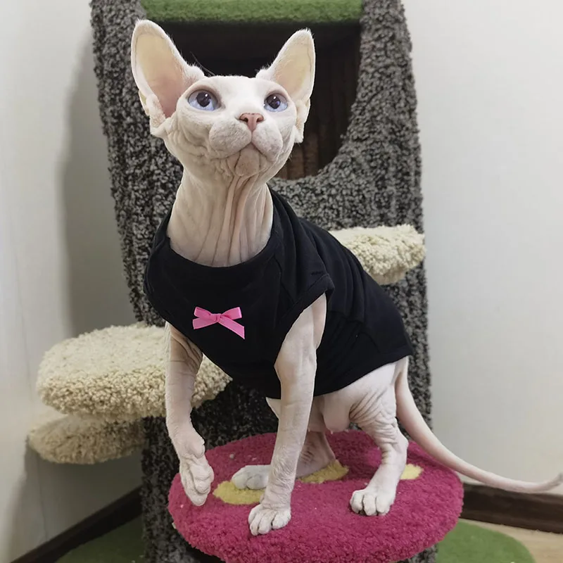 Sphynx Cat Dress with Bowtie in Summer Hairless Cat Clothes Soft Cotton Sweet Black Skirt for Devon Rex Shirt for Kittens