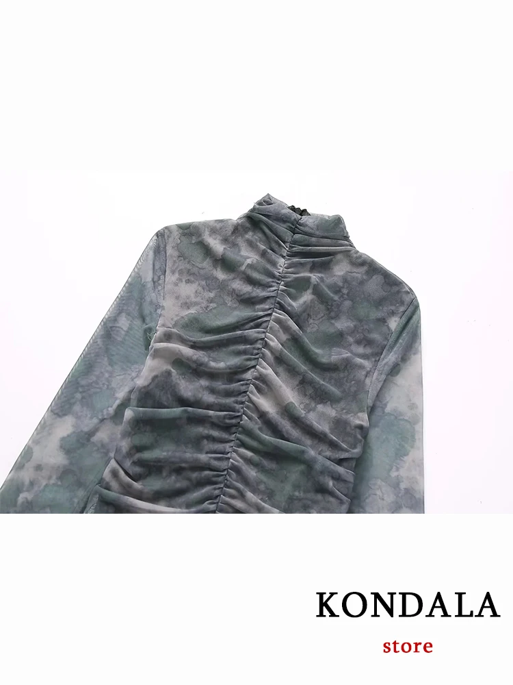 KONDALA Chic Print Sheath Streetwear Pleated Sexy Women Dress Fashion 2023 Autumn Long Sleeve Folds Club Elegant Mini Vestido