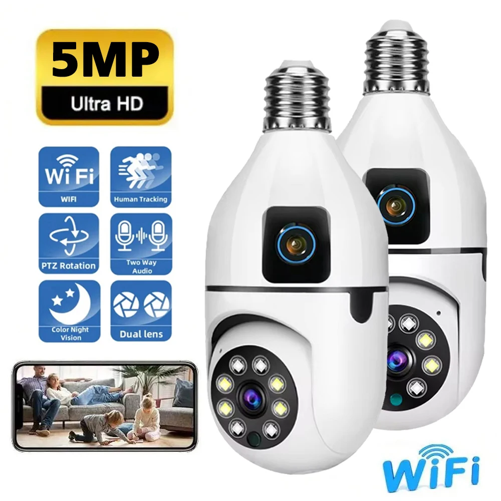 interior camera de vigilancia dual lens protecao de seguranca rastreamento humano visao noturna camera ip audio vias 5mp lampada e27 01