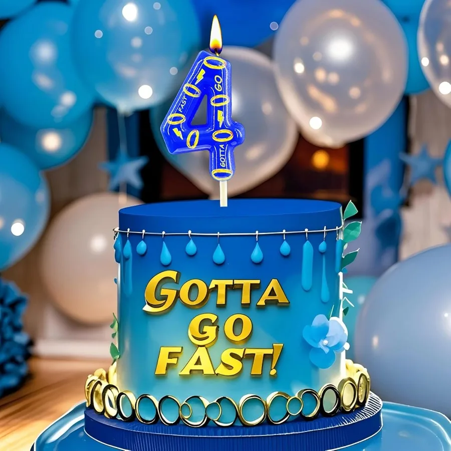 شمعة عيد ميلاد زرقاء رقم 4 مع 7 حلقات ذهبية لون كعكة شخصية كرتونية زرقاء لحفلات أعياد الميلاد للأولاد والبنات والحفلات