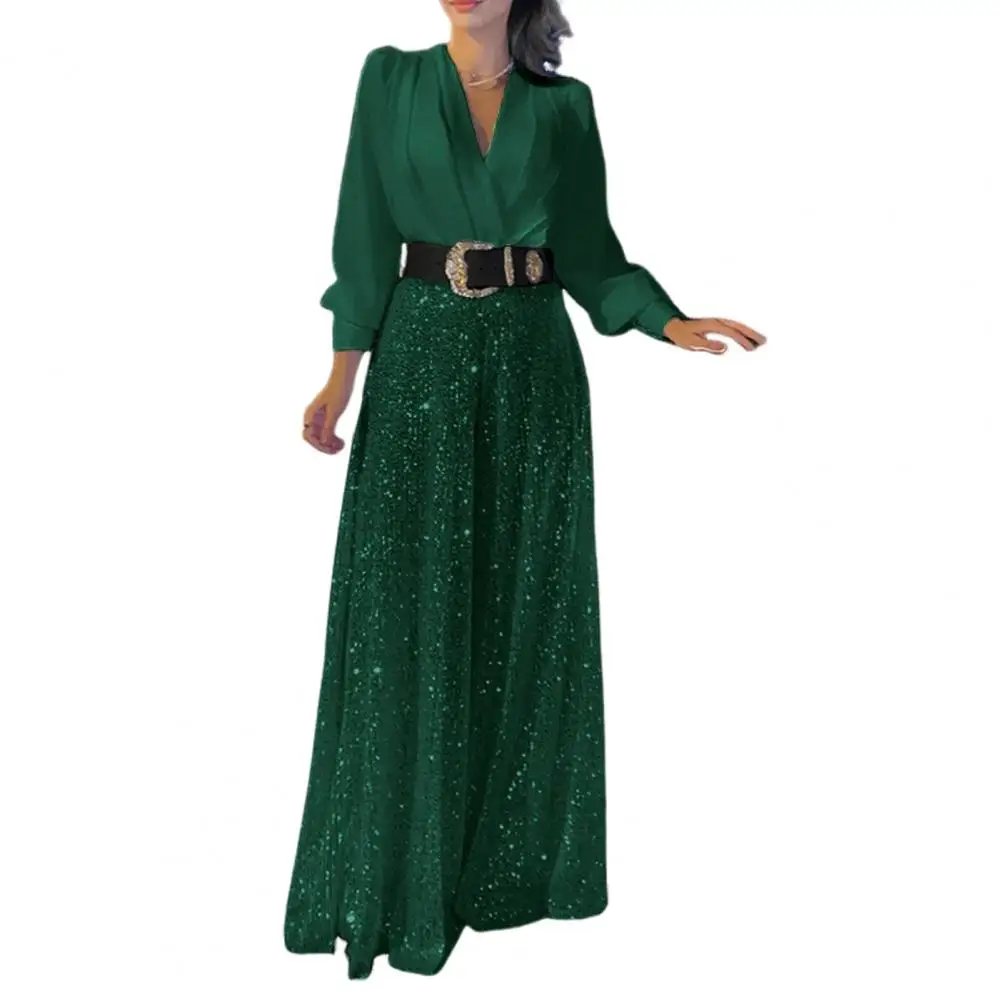 Shiny Sequin Women Jumpsuit Wide Leg Long Lantern Sleeve Tight High Waist with Belt Party Wedding Fake Dress Jumpsuit