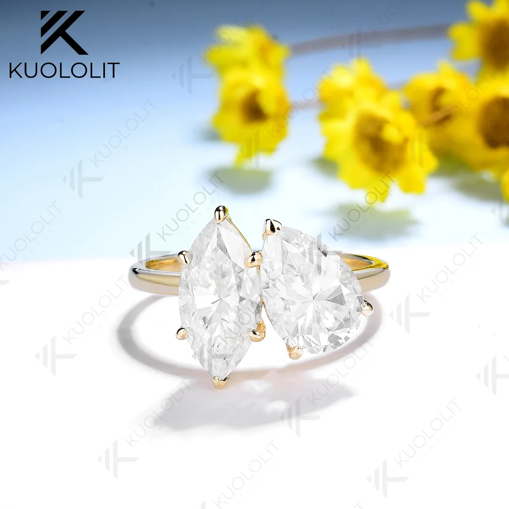 Kuololit 4CTW Pear and Marquise Moissanite D/VS1 Ring for Women Solid 18K 14K 925 Silver Yellow Gold for Anniversary Engagement