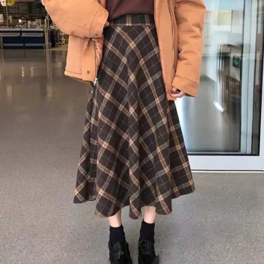 

Elegant High Waist Retro Plaid Skirt Slim Fit Winter Autumu High Waist Long Skirt Classical Aesthetic A-line Half Dress Club