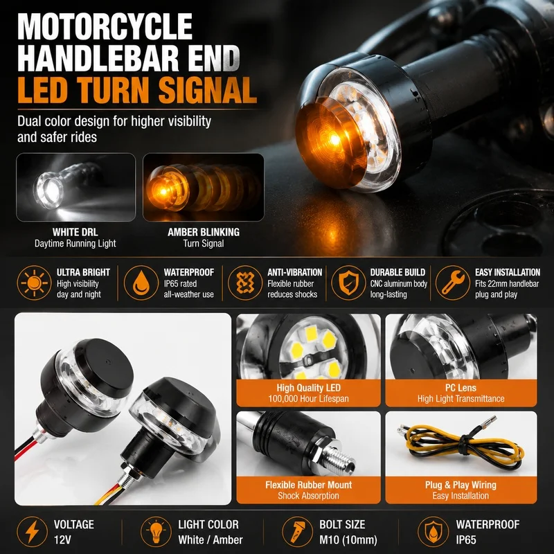 Super Bright 12V LED Motorcycle Turn Signal 2PCS 18mm Handlebar End Flashing Blinker 33mm Universal for All Motorbike Sportbike