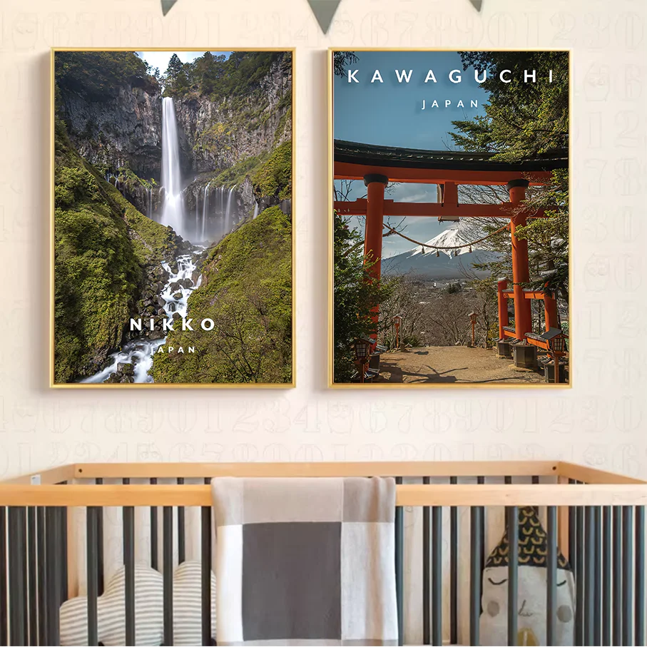 Frameless Canvas Wall Art Japan Travel Poster Nikko Waterfall Kawaguchi Mount Fuji Torii Gate Canvas Print