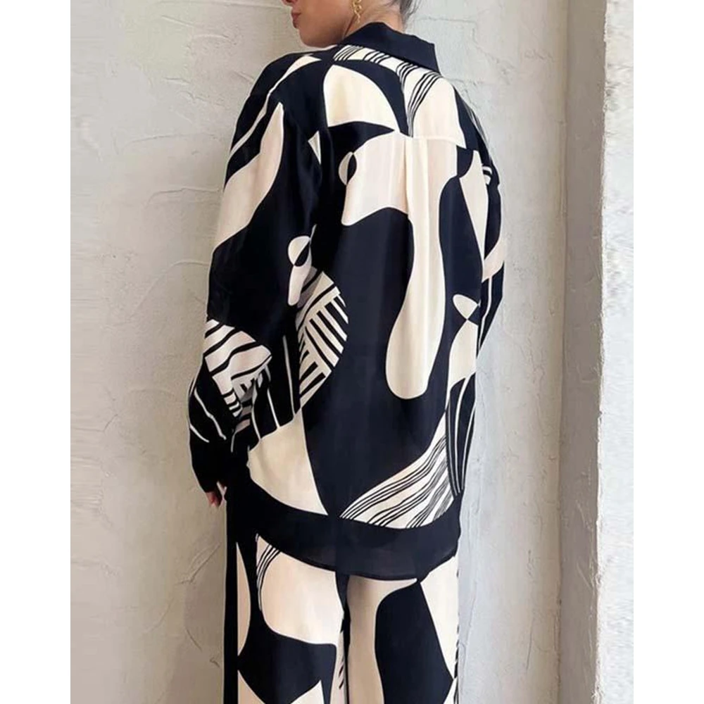 Fashion Women Causal Abstract Print Nothched Collar Long Sleeve Shirt & Pants Sets Elegant Two Pieces Suit Set Loose Streetwear