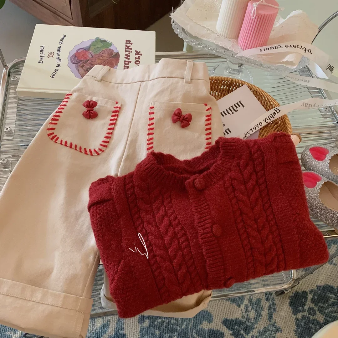 Girls Coat 2024 New Korean Children Knitwear Girls New Autumn Baby Girls Red Children Cardigan Sweater Simple Casual Clothes