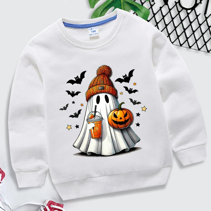 Cool Halloween Ghost Pumpkin Bat Print O Neck Sweatshirts Cute Halloween Children Sweatshirt Casual Boys Girls Kids Pullovers