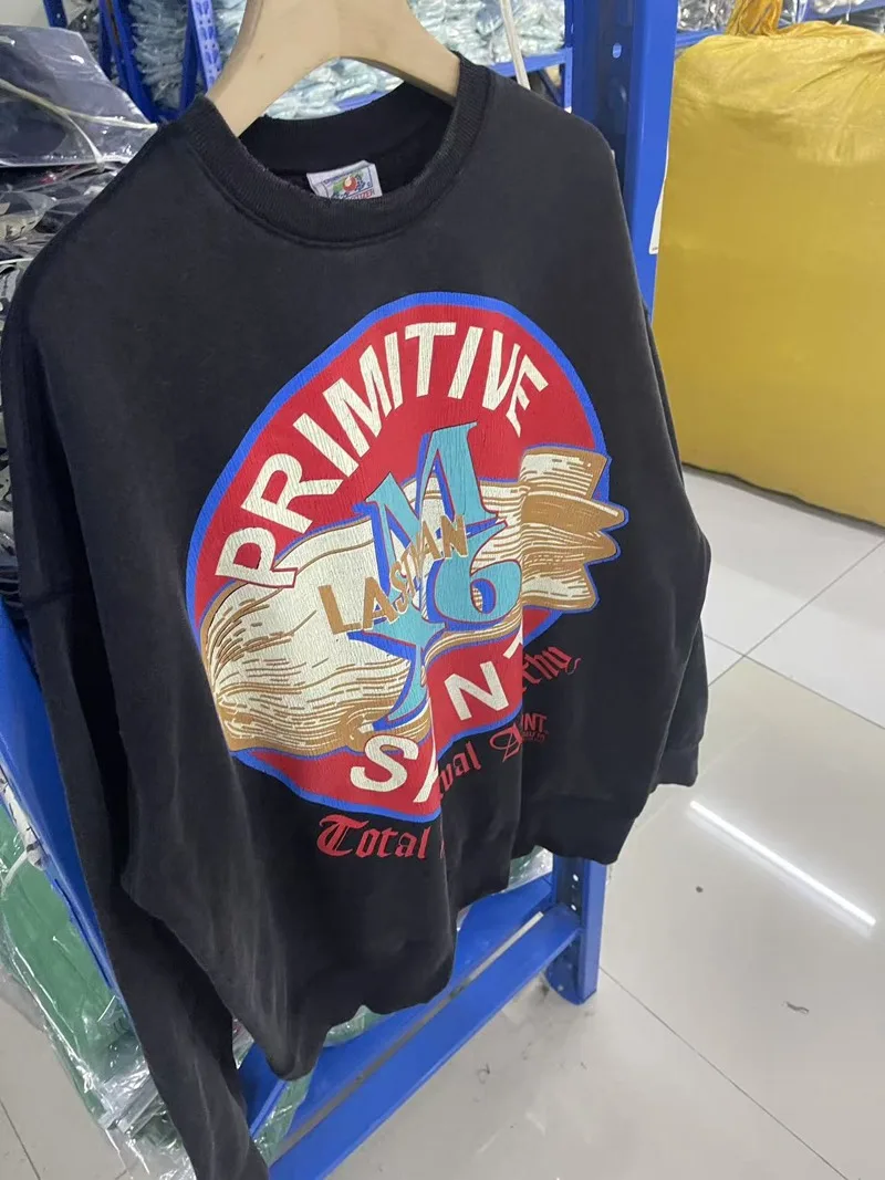 26ss SAINT Logo Hoodies High Street Washed Cotton Do Old Round Neck Men Woman Hip Hop Pullover Sweatshirts