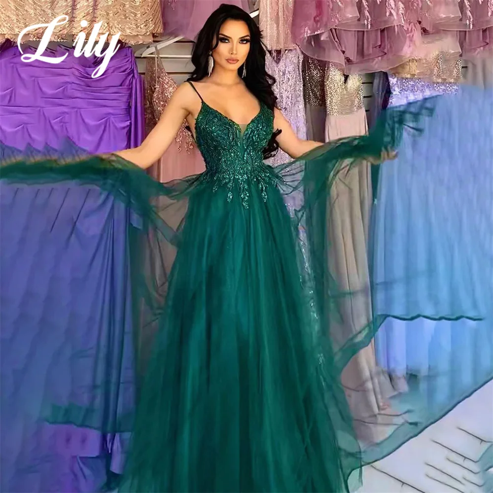 Lily Green V-Neck Evening Gown Spaghetti Strap A-Line Prom Dress Tiered Layer Wedding Evening Dress with Pleats robes de soirée