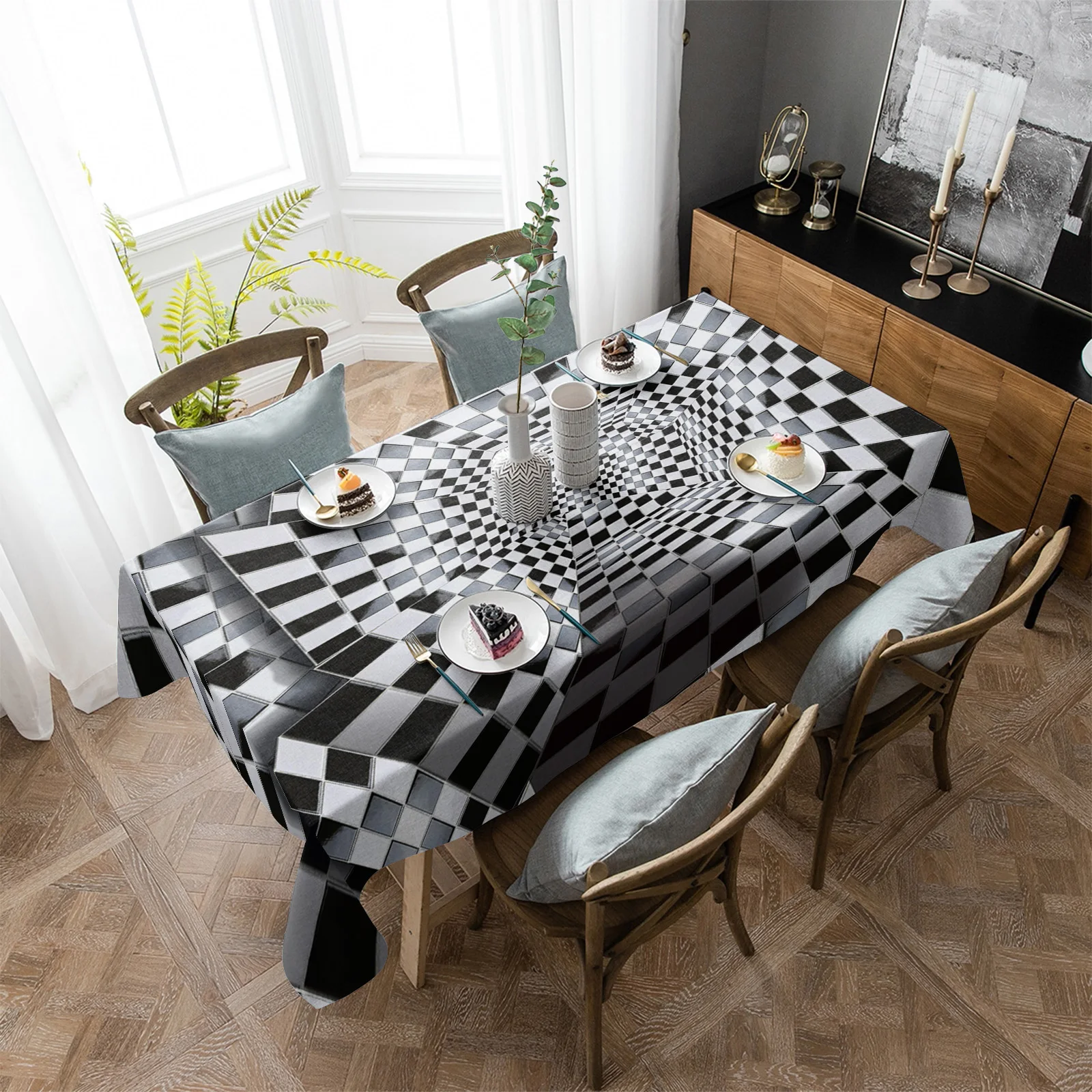 3D Space Grid Waterproof Tablecloth Party Decorations Supplies Rectangle Table Cloth for Kitchen Table Decor