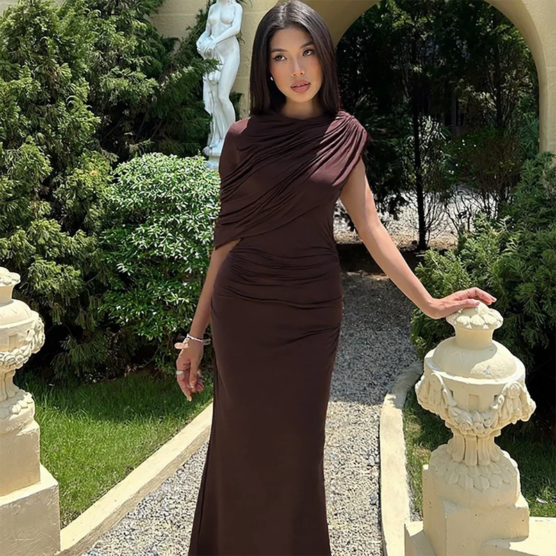 Robe longue plissée asymétrique sexy pour femme, élégante, pour l'automne, idéale pour les soirées et clubs
