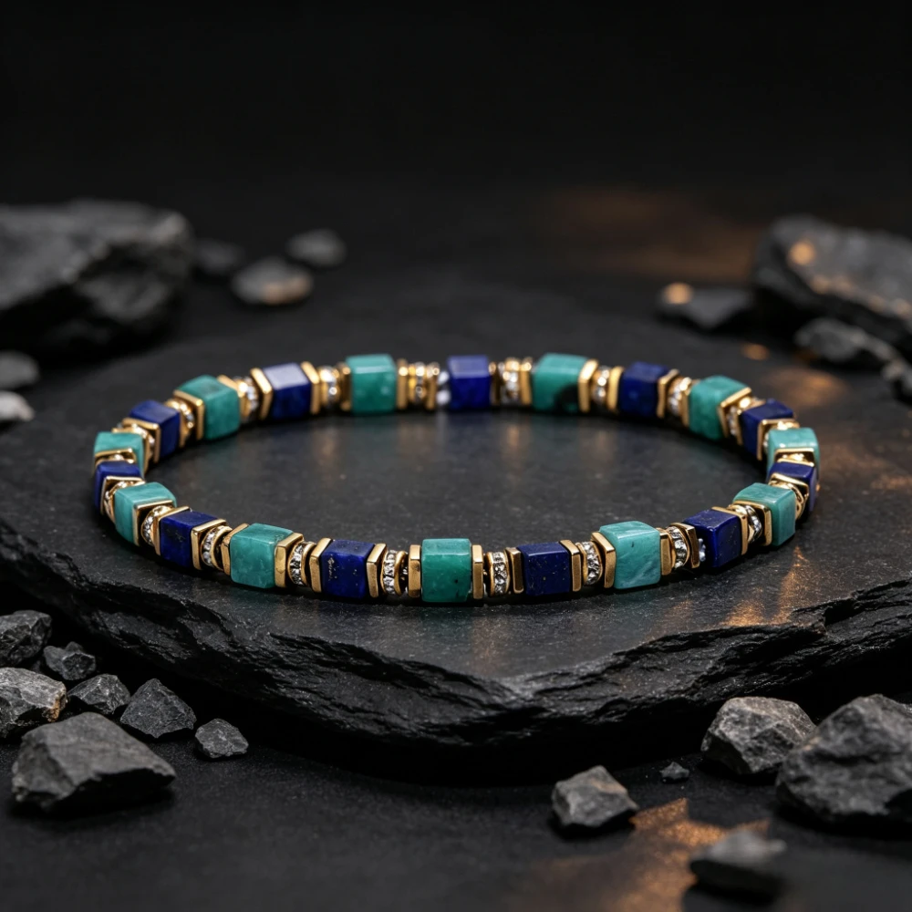 Natural Lapis Lazuli Tianhe Stone Block Color Blocking Elastic Bracelet, Symbolizing Wealth Abundance, Men's and Women's Bracele