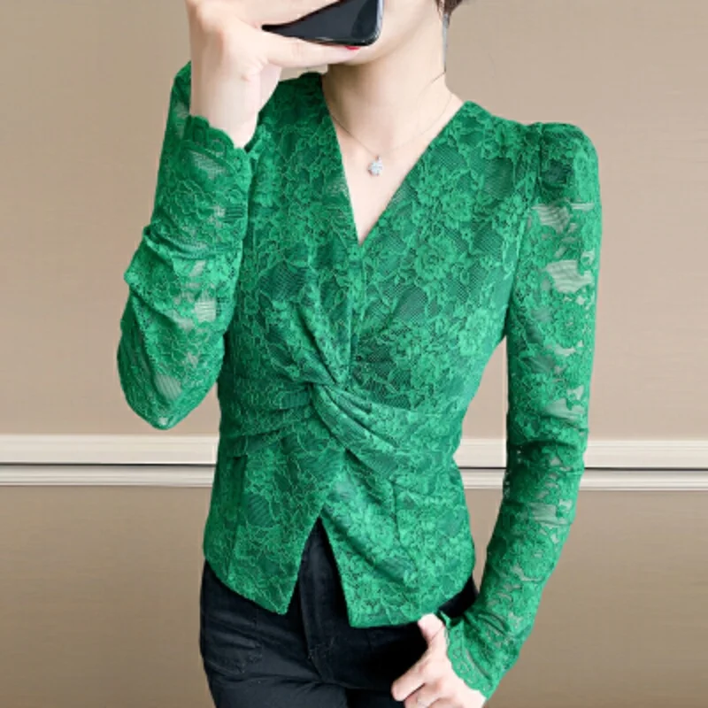 

Autumn New Fashion V-neck Lace Twisted Top For Women Sexy Hollow-Out Embroidery Bottoming Shirt Elegant Female T-Shirt