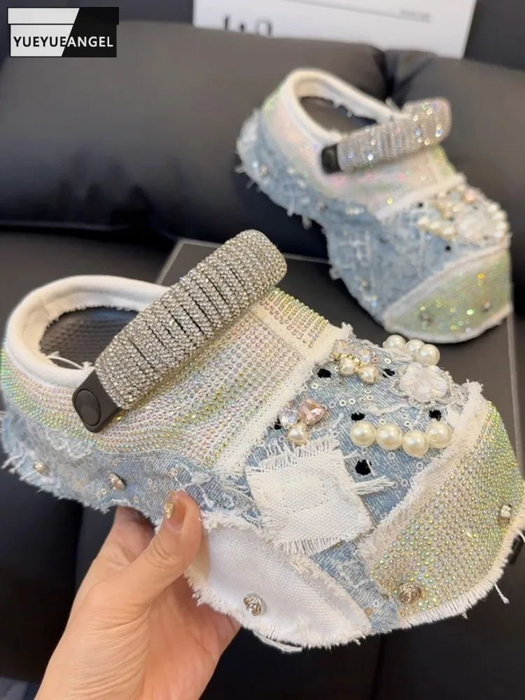 High Street Women Shiny Diamonds Thick Platform Slippers Spliced Denim Pearls Beads Close Toe Slides Casual Slip On Wedges Shoes