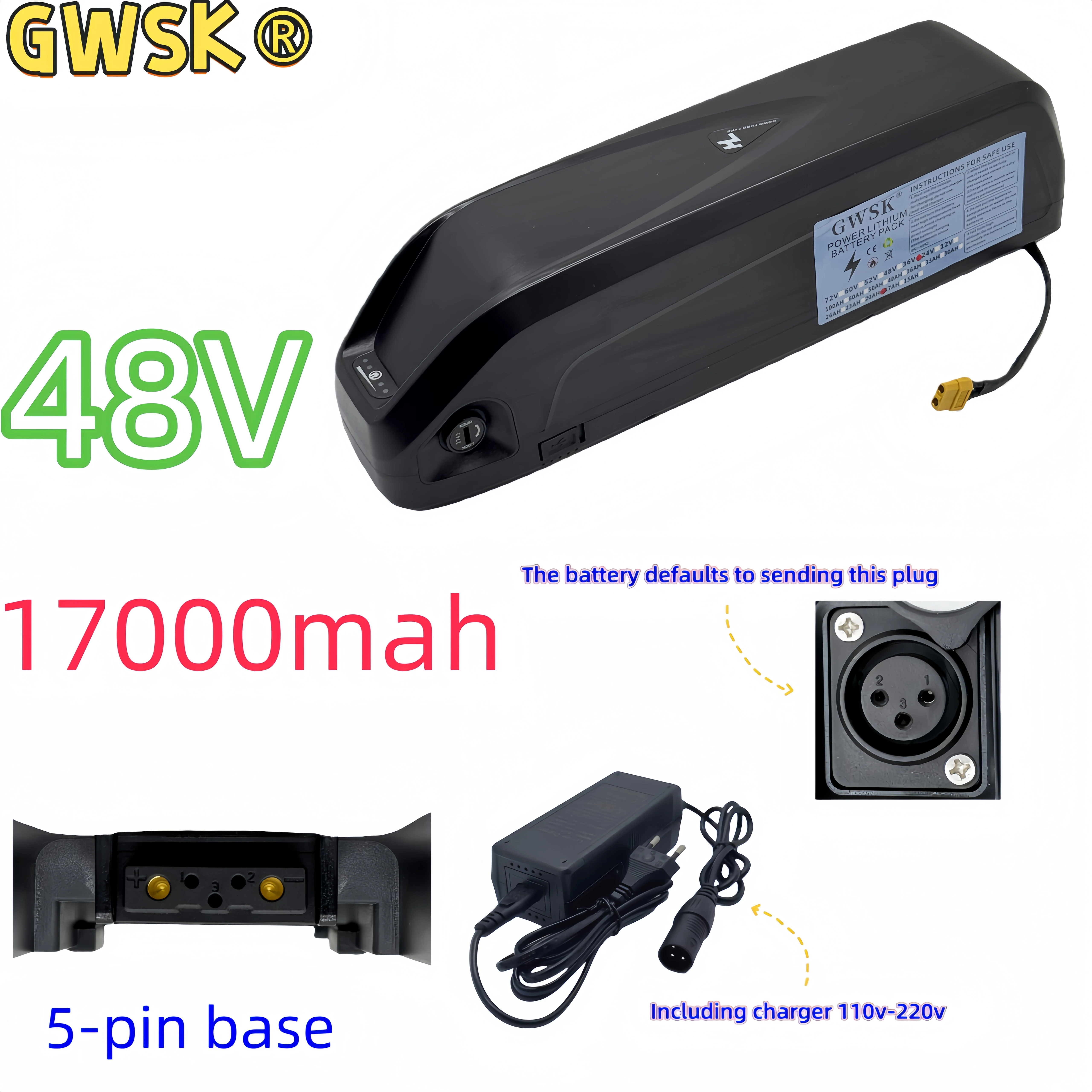 48V17AH Hailong 18650 lithium-ionbatterij, ontlading 5-pins, ingebouwd BMS-systeem + oplader toepassing 2000W