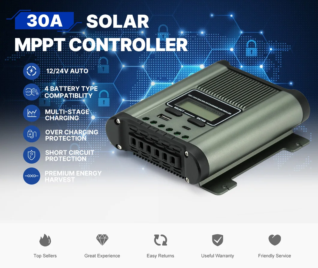 Customized LCD Display 30A MPPT 12/24V Solar Panel Battery Regulator Charger Controller