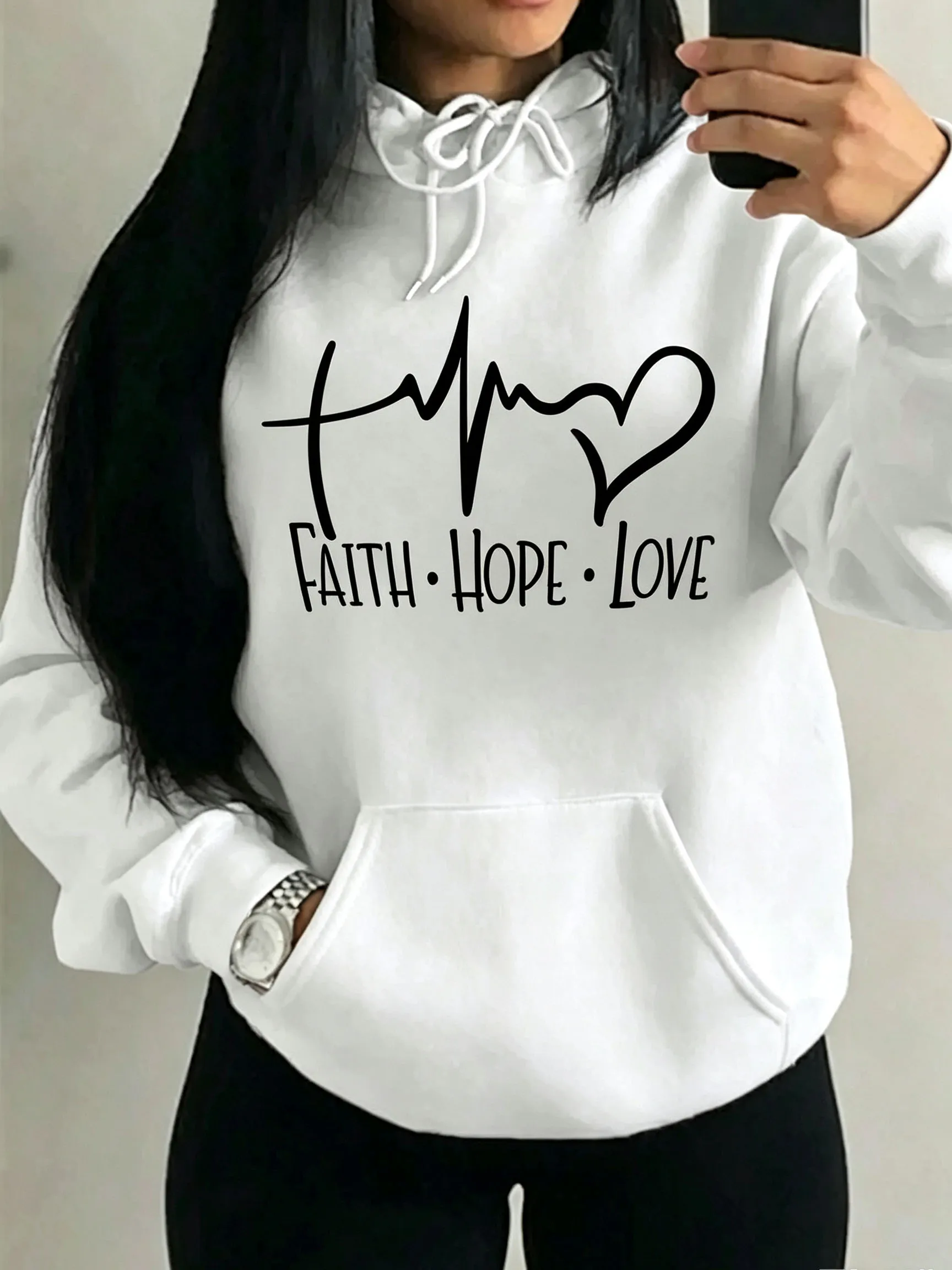Women Faith Hope Love Heartbeat Graphic Warm Hoodie Casual Long Sleeve Pullover Hooded Sweatshirt Men Tops Couple Streetwear
