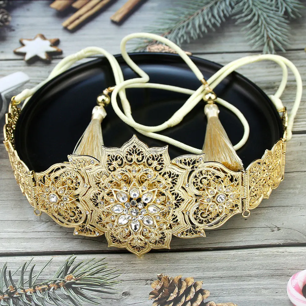 Sunspicems Gold Color Morocco Caftan Belt For Women Hand Rope Chain Waist Belt Hollow Star Shaped Arabic Bride Wedding Jewelry