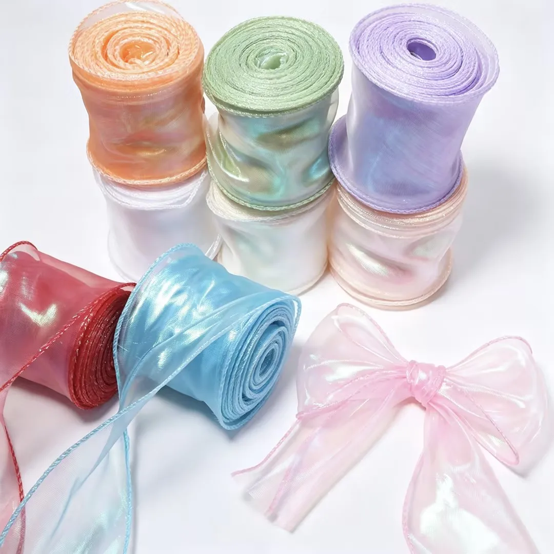 10Yards 60mm Iridescent Ribbon Wavy Fish Tail Yarn Holographic Ribbon DIY Decorative for Flower Bouquet Cake Gift Wrapping