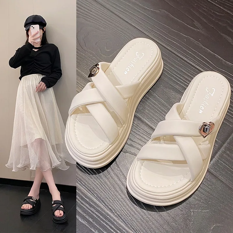 Women\'s Shoes 2024 New Student Versatile Middle Heel Matsutake Soft Sole Sandals Casual Shoes Comfortable Heel Height 5cm