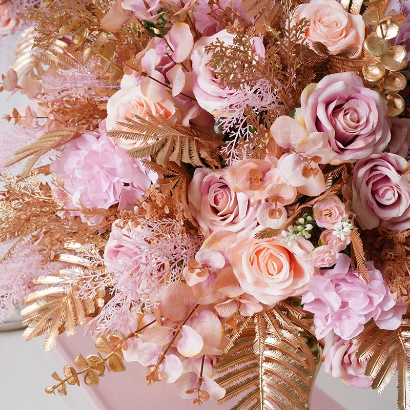 Luxury Artificial Flower Ball Gold Leaf Pink Rose Wedding Decoration, Table Centerpiece, Partyt Window Display Props Home Decor