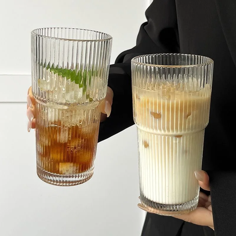 Glass Coffee Cups with Lids and Straw Heat-resistant Tumbler Drinkware Transparent Tea Juice Milk Mug Glasses Stripe Mug 600ml