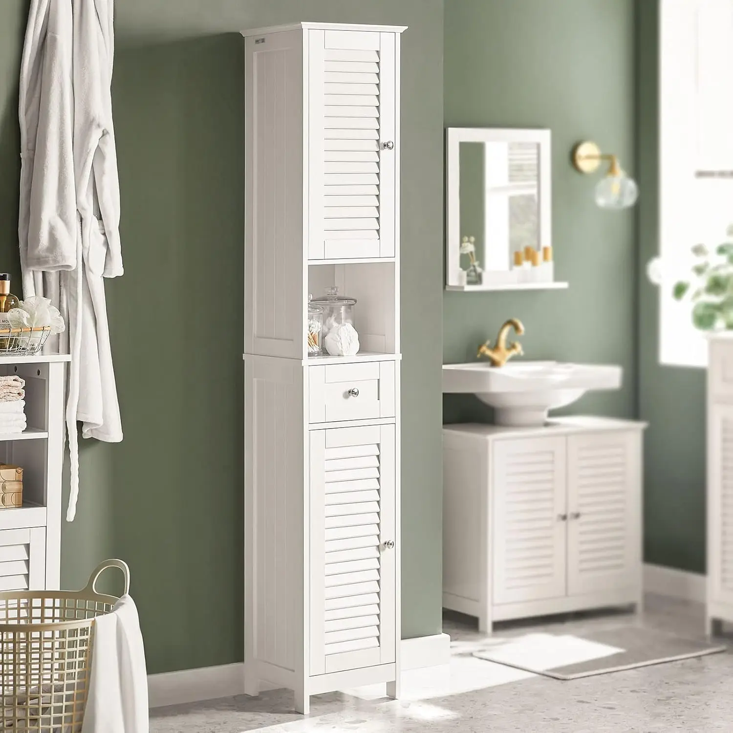 

Tall Narrow Bathroom Storage Cabinet with Drawers Adjustable Shelves Freestanding Corner Laundry Room 67in White Customized