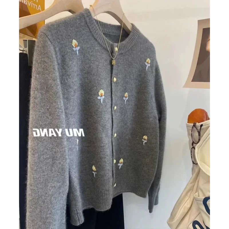 Autumn Winter Soft Wool Lazy Fashion Embroidery Slim Sweater Women\'s Clothing O-neck Casual Gray Basic Thick Knitted Cardigan