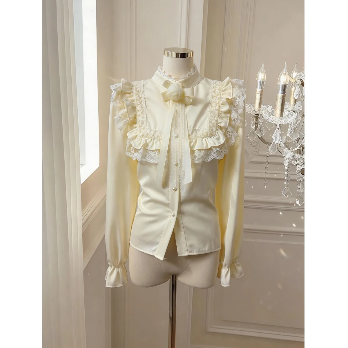 

Elegant Floral Lace Shirt Single Button Half High Collar Luxury Style Long Sleeve Soft Satin Fabric Straight Cut Citywalk Wear