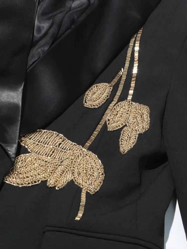 High Quality Women's Blazer With Gold Floral Embroidery Chic Formal Two Piece Set Stylish Coat And Flared Trousersкостюм