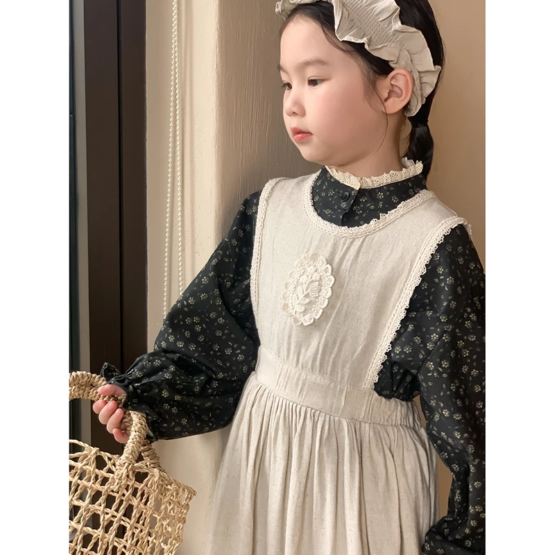 1-10 Yrs Floral Girls Shirt Spring Fall Cotton Breathable Kids Blouse Vintage Linen Cotton Lace Vest Dress Children Outfits Xmas