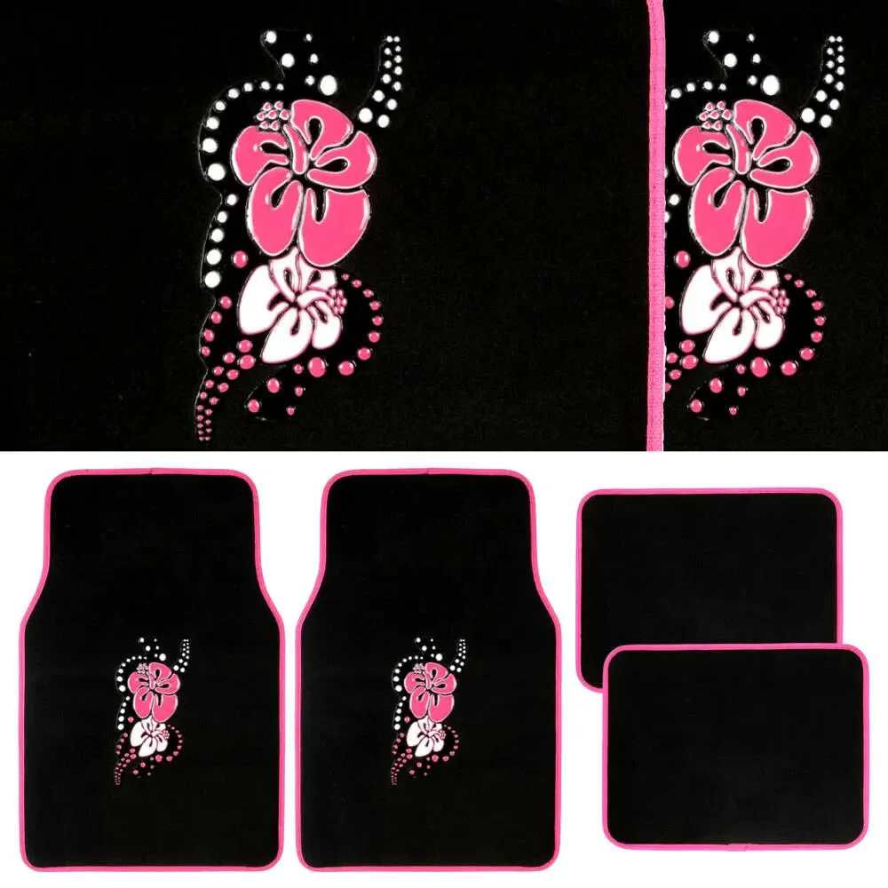 4Pc Set Pink Hawaiian Flower Auto Carpet Floor Mats For Car SUV Auto