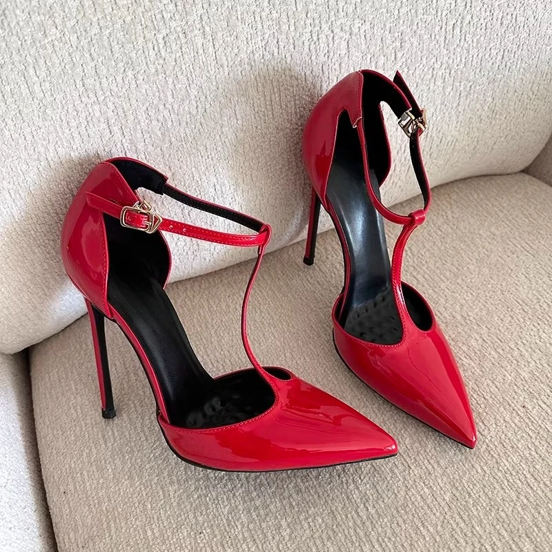 

Sexy Patent Leather Thin Anklet T-band Hollow Pointed High Heels Large Size Women's Single Shoes