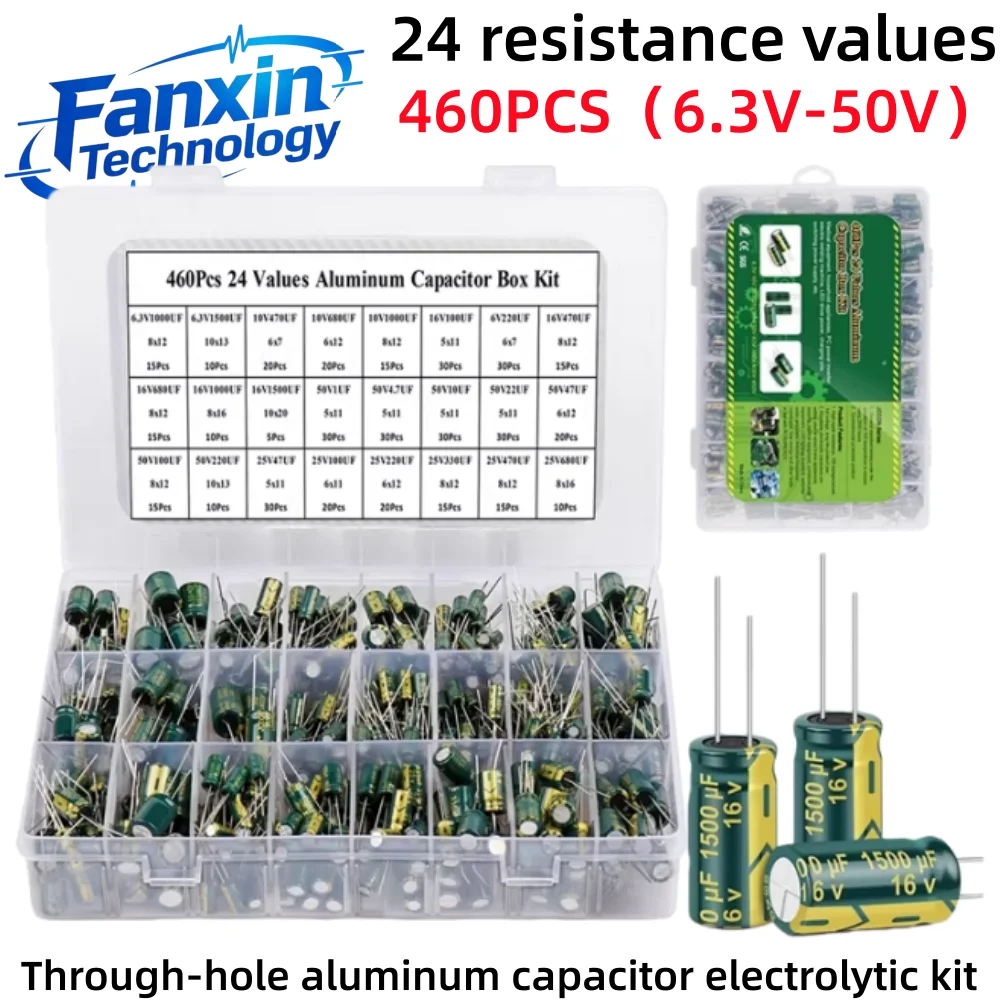 460PCS,24 Values Variable Capacitors Assorted Kit High Frequency Low ESR Aluminum Capacitors Set for DIY Projects