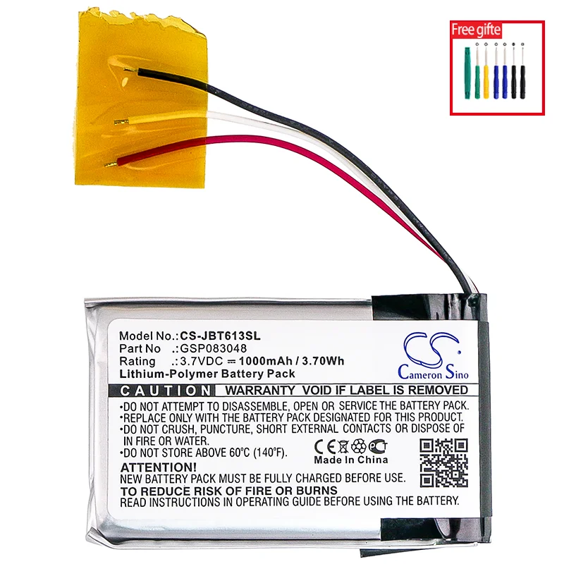 Cameron Sino Battery for JBL Trip 6132A-JBLTRIP.fits JBL GSP083048 Speaker battery.JBL battery.Li-Polymer.3.70V.1000mAh / 3.70Wh