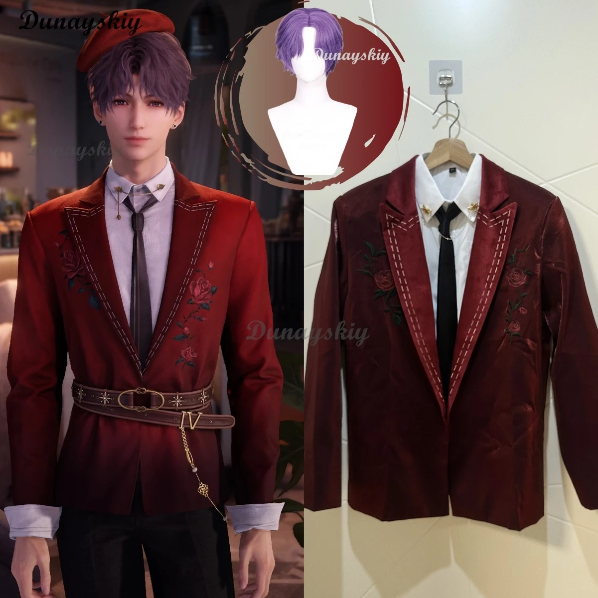 

Game Love And Deepspace Cos Rafayel Cosplay Costume Rose Red Suit Coat Qiyu Rafayel Wig Men Halloween Party Suit Customized