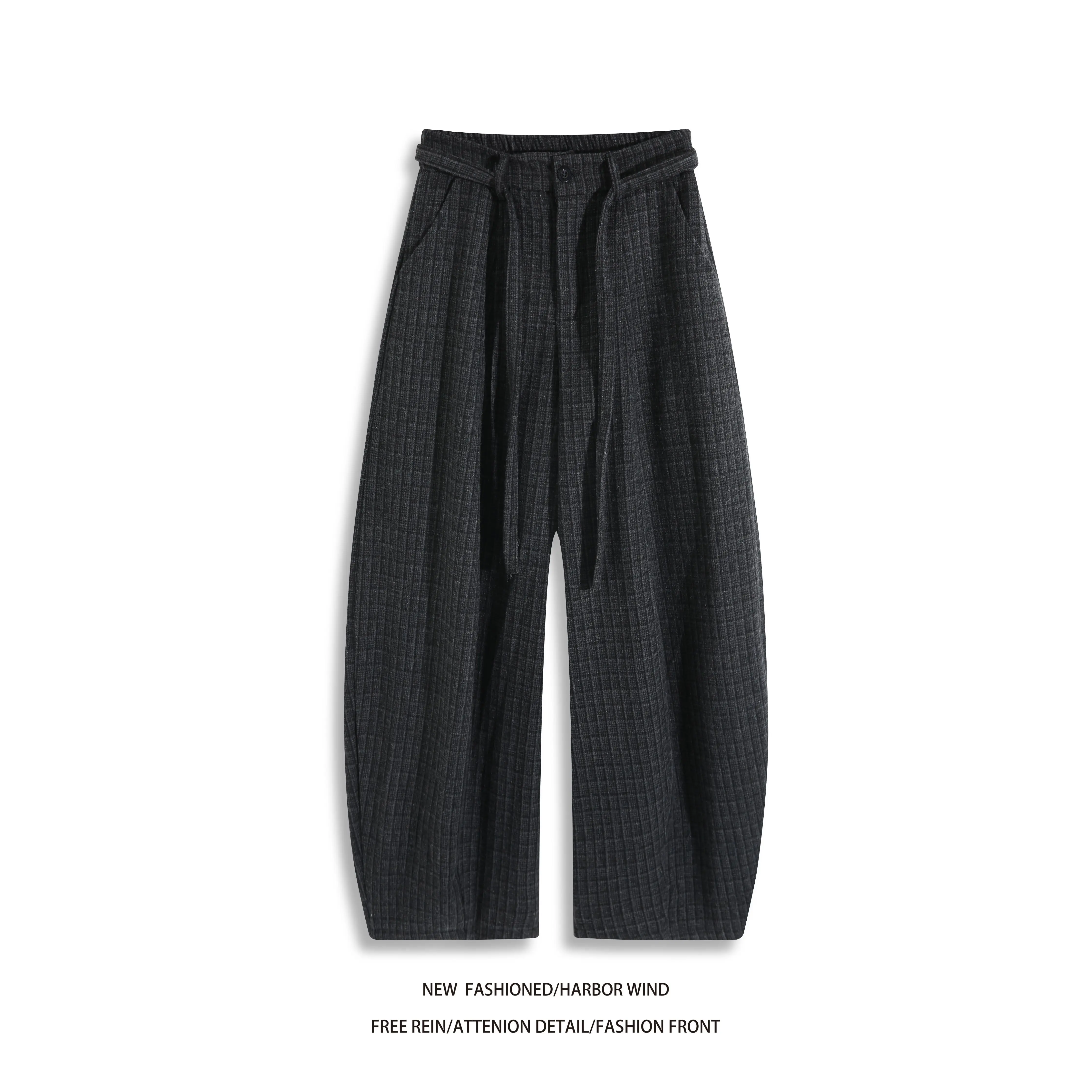 Men's Wool Blend Baggy Balloon Pants 2026 Autumn Winter Textured Plaid Loose Wide Leg Trousers Elastic Waist With Sash Streetwea