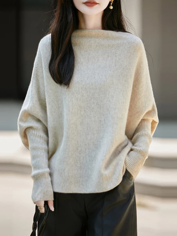 Loose Fit Women's Batwing Sleeve 100 Pure Wool Sweater Autumn Winter Soft Knitted Long Sleeve round Hem Tunic Top