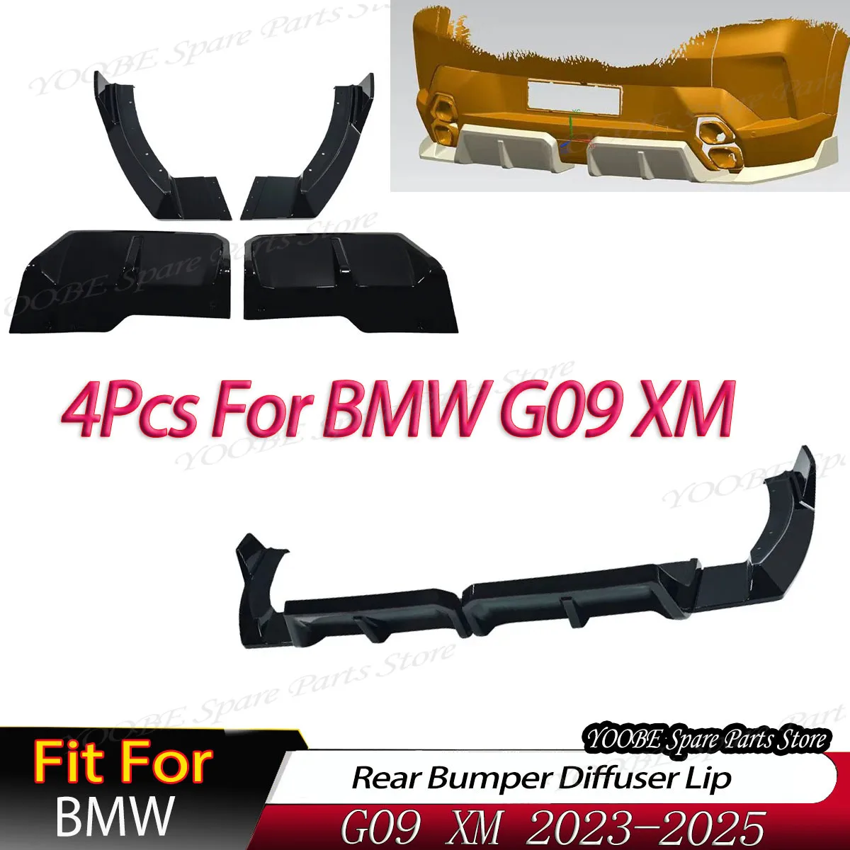 

4Pcs for BMW G09 XM 2023-2025 Refit Rear Bumper Diffuser Lip Spoiler Auto Parts Boot Bracket Posterior Guard Protector Cover