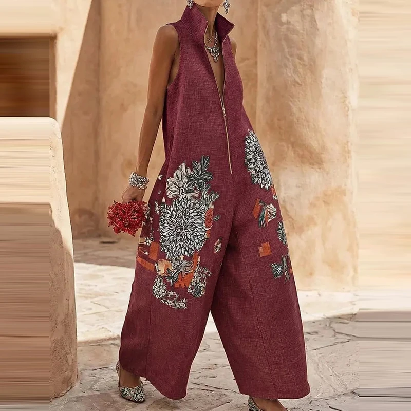 2026 Spring Stand Collar Zipper Playsuit Retro Floral Print Loose Women's Jumpsuit New Summer Sleeveless Wide Leg Pants Overalls view 5