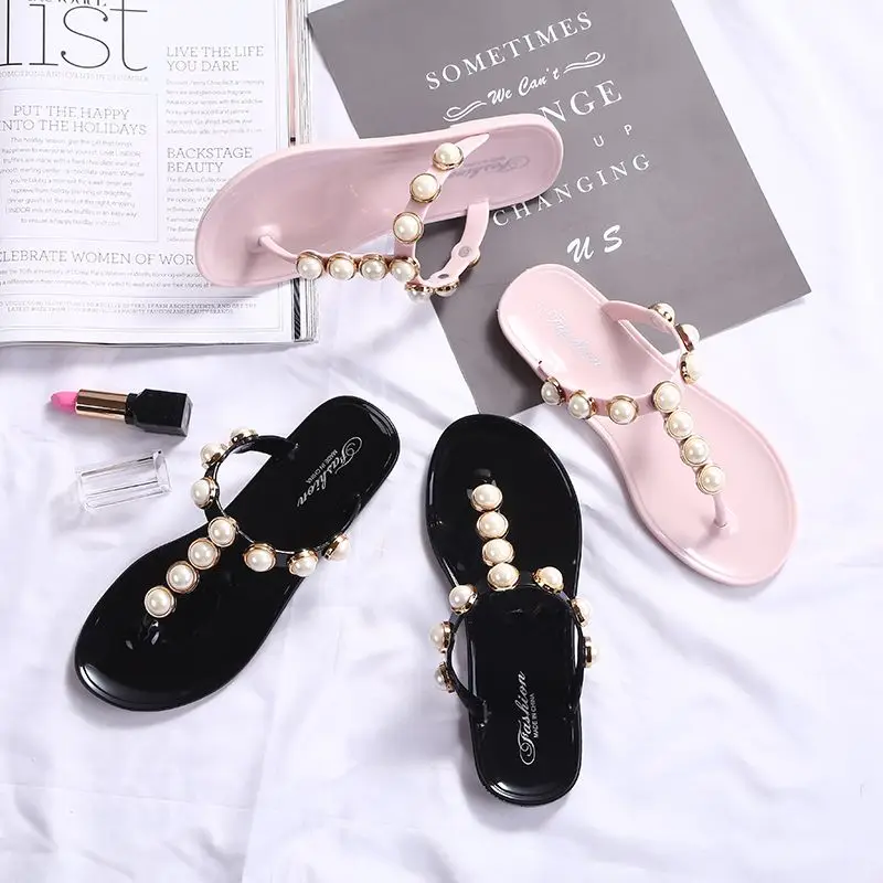 Women's Slippers and Ladies Sandals Rhenstone Flip Flops Shoes Pink Summer 2024 Crystals Slides Jewels Jelly Flat on Beach Offer