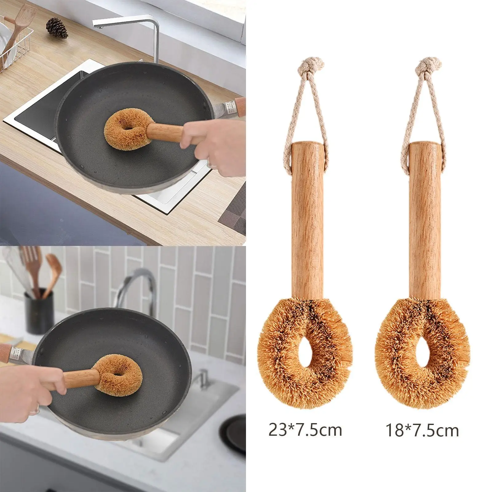 Escova para panelas e panelas Escova para limpeza de madeira com corda suspensa