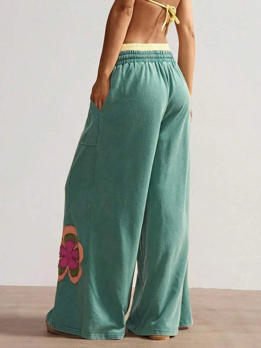 

Womens Boho Wide Leg Loose Pants With Flower Patchwork Summer Casual Knit Pants