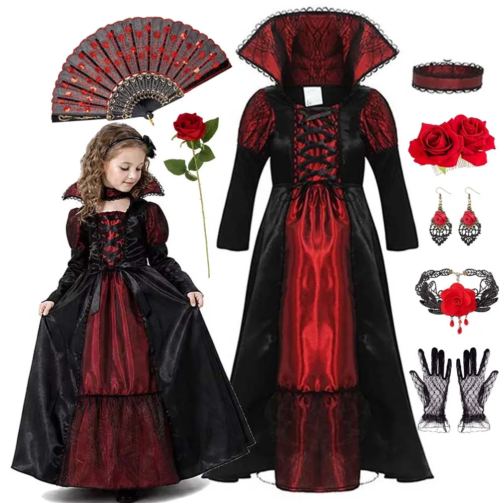 Halloween Girls Vampire Queen Role Play Outfit Black Red Long Gown And Collar For Stage Performance