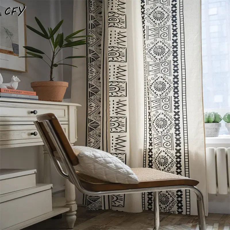 

American Geometry Cotton Linen Window Curtain with Tassels Blackout Valance for The Luxury Living Room Curtains for Living Room