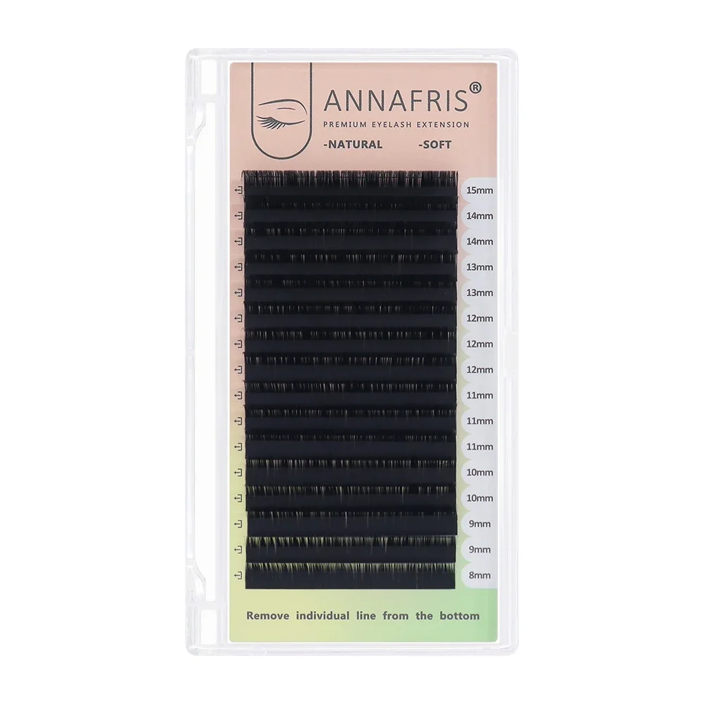 ANNAFRIS 16rows 8~15mm Mixed L-Shaped Eyelashes Extension Natural Soft Mink Matt Black L/L+/LC/LD/LU(M) Curl Individual Lashes