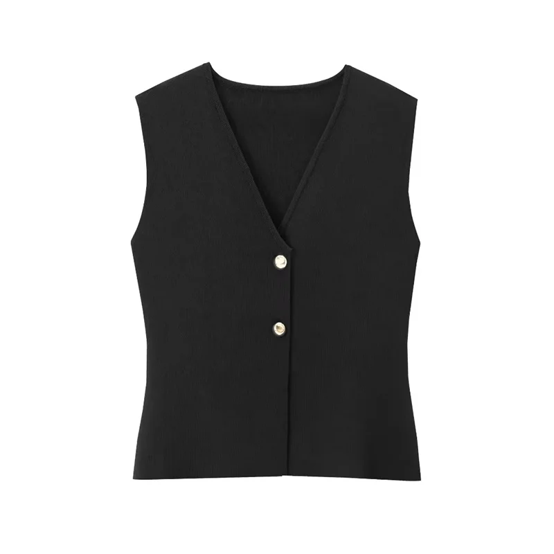 TRAF 2024 Woman Knit Vest Top Black Sleeveless Vest Women Cardigan Fashion Button Knitted Sweater Vest Summer Short Tops