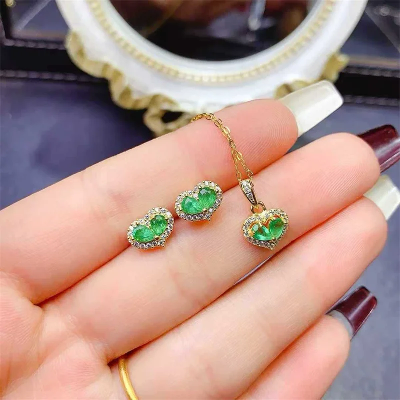 

Серьги-гвоздики из стерлингового серебра 925 пробы с натуральным изумрудом для женщин, ожерелье с подвеской, наборы ювелирных изделий, натуральный драгоценный камень с сертификатом